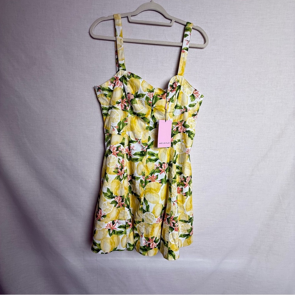 Avec Les Filles Lemon Corset Style Lemon Printed Mini Dress- Size 14 NWT
